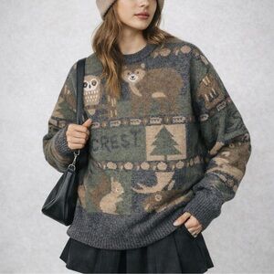 Aelfric Eden Forest Critters Crewneck Sweater Green Tan Jacquard Granola-Medium